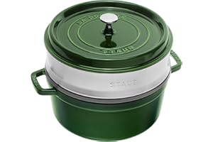 STAUB Cocotte en Fonte avec panier vapeur, Ronde, Ø 26 cm, 5,2 L, Vert/Basilic
