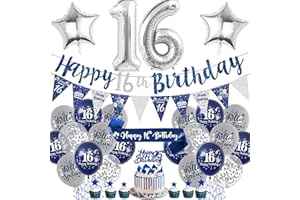Aurmonigo 16th Birthday Decorations Boy - Blue and Silver Happy Birthday Banner Balloons Cake Topper Number 16 Foil Balloon, Sash Bunting Party Supplies for 16 Years Old Theme Decor