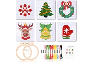 Pllieay Kits para principiantes de punto de cruz navideño para niños de 7 a 13 años, incluye 6 patrones de punto de cruz de proyecto y 2 aros, 14 hilos para bordar