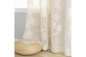 TREATMENTEX Semi-Sheer Beige Lace Curtains for Bedroom 90 inch Long Country Chic Rose Floral Embroidered Sheer Curtain Panels for Living-Room Leaf Window Drapes with Scalloped Edge 52"w 1 Pair Pencil Pleat