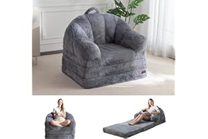 MAXYOYO Folding Sofa Bed, Comfy Faux Fur Fabric, Convertible Floor Sofa Lounge with Handle, Single Bean Bag Chair for Adults, Sleeper Chair for Living Room Bedroom