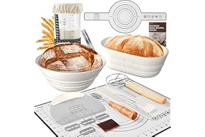 BICRET Sauerteig Ferment Set-15-teiliges Brot backen Zubehör mit Gärkorb Weizenmuster, Gärglas,Thermometer,Gärkorb Brot Silikon-Set,Teigmesser Geschenk für Anfänger (weiß)