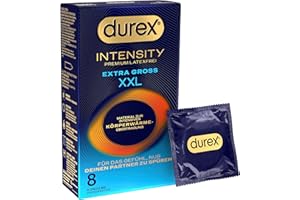 ‎DUREX Durex Intensity Extra Groß XXL Kondome - Ultra dünn plus für intensive Körperwärmeübertragung - Mit Silikongleitgel befeuchtet - Ohne Latex - 8er Pack (1 x 8 Stück)