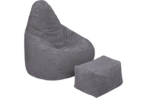 LOFT 25 Silla de puf para adultos con respaldo alto de tela de pana para sala de estar y videojuegos, forro interior, diseño ergonómico para soporte corporal (puf + reposapiés, carbón vegetal)