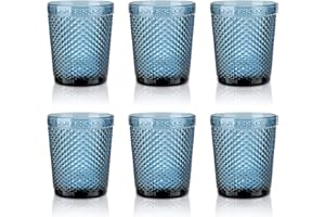 Joeyan Set de 6 Copas Azules de Agua Vintage, 300ml Vasos de Agua Colorida Elegantes, Copas de Vidrio con Relieve Cristaleria para Bar Restaurante en Casa, Apto para Lavavajillas