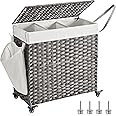 SONGMICS LCB363G01 Laundry Basket with Lid, 140L, Woven Dirty Laundry Basket with Wheels, 3 Compartments, Removable Inner Bag, for Laundry Room, Bedroom, 66 x 33 x 66 cm, Grey