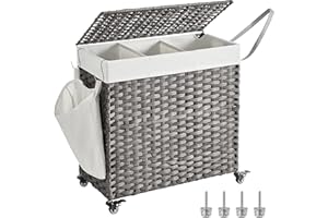 SONGMICS Cesto Portabiancheria con Coperchio, 140L, Cesta Biancheria in Rattan Sintetico con Ruote, 3 Scomparti, Sacco Rimovibile, Lavanderia Camera da Letto, 66 x 33 x 66 cm, Grigio LCB363G01