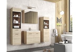 ‎MINIO GO FOR IT MINIO go for it - Badezimmermöbel Set Marit 2, mit LED-Belechtung, Spiegel mit Regal, Schrank mit Waschbecken, Laminierte Spannplatte, Farbe: San Remo Eiche