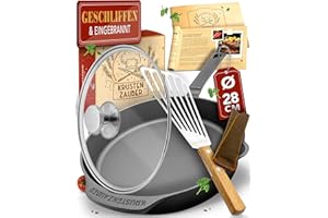 ‎KRUSTENZAUBER KRUSTENZAUBER Gusseisenpfanne Induktion 28cm inkl. Deckel und Pfannenwender - Geschliffene Pfanne Gusseisen, Eisenpfanne, Cast Iron Pan, Gusspfanne, Gusseiserne Pfanne, Gusseisen-Pfanne, Gusspfanne