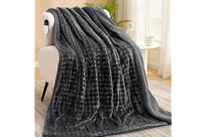 CURECURE Elektrisk Värmefilt 150x200cm 3D-Bubbblor, Grå | Dubbelsidig Flanell och Sherpa, 6 Värmelägen, 1-10h Timer, Maskintvättbar, Perfekt Present