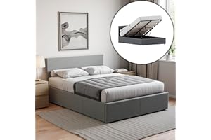 Vida Designs Veronica Double Ottoman Bed – 4ft6 Bed Frame with Modern Lift-Up Storage, Upholstered Fabric Headboard, Light Grey Linen, Bedroom Furniture (UKFR Certified)
