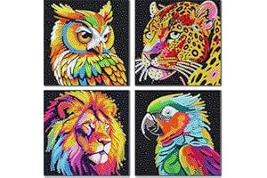BEAYIOU 4Pack 5D Diamond Painting Kit for Kids, Animal Diamond Art Easy Kits, Owl Leopard Lion Parrot Diamond Painting Full Drill Diamond Art Gem Painting for Girls, Boys, Beginners