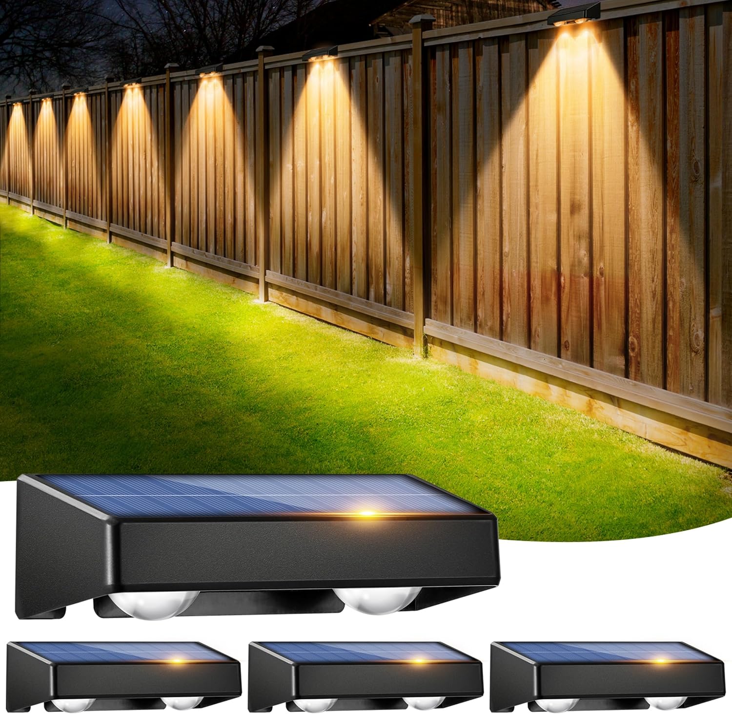sununiny Solar Fence Lights Outdoor,4 Pack Wall Solar Lights IP65 Waterproof,9 Colors 11 Modes RGB Garden Fence Lights Solar Powered for Patio/Backyard/Porch/Pool Decorations