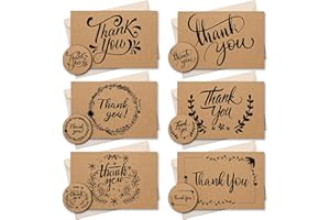 SIMPLY GIFTED Thank You Cards Multipack of 24 with Envelopes & Matching Thank You Stickers- 6 Different Design Blank Inside -10x15cm Brown Kraft Thankyou Cards for Teachers Weddings Kids - Made in UK
