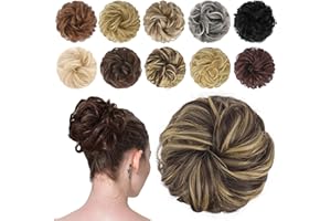 FESHFEN Moños Postizos Coleteros Pelo Mujer Postizos de Pelo Natural Rizado Ondulado Postizos Moño y Coletas Sintético Extensiones de Cabello, 42 g Castaño Oscuro y Rubio Champán