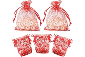 jijAcraft 100PCS Christmas Organza Bags: 7x9CM Red Snowflake Organza Gift Pouches, Small Christmas Drawstring Favour Bags for Presents, Candy, Xmas Party Decoration