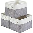 Mangata Small Canvas Storage Box, Fabric Storage Basket with Handles for Cupboards, Shelves, Clothes, Toys (3 Pack, Foldable, Grey White)