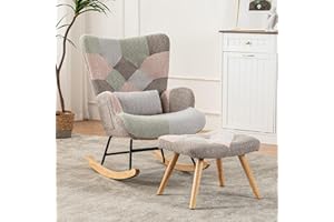 BTM Rocking Chair for Nursery, Rocking Chair with Footstool & Pillow & Side Pocket, Single Recliner for Living Room Bedroom Office, Multicolor