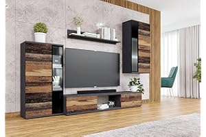 Furnix Mediawand Sarai Schrankwand Wohnwand Wandschrank Wohnzimmer 4-TLG Set TVLowboard, Vitrine, Hängeregal, Wandregal Freistehend inkl. LED B240 x H180 x T40,2 cm Oldstyle Matera
