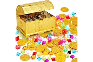 Hestya Pirate Treasure Chest Toy with 50 Plastic Gold Coins and 50 Fake Gems, Pirate Gems Toys Antique Treasure Box with Lock Fake Gemstones for Christmas Halloween Party Favors Hunt Game(Novel)