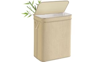 SONGMICS Cesto Portabiancheria, Porta Biancheria in Bambù, 90 L, Sacco Rimovibile Lavabile in Lavatrice, Coperchio, Maniglie, Lavanderia Camera da Letto Salotto, Color Naturale LCB067Y01