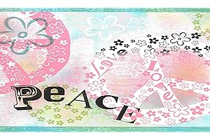Dundee Deco BD6254 Tapeten Bordüre, vorgeklebt, für Kinder, Pink, Weiß, Grün, Schwarz, Peace, Love, Tapetenbordüre Retro-Design, 4,57 m x 17,78 cm