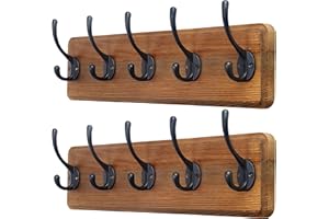 SKOLOO Appendiabiti rustico da parete: 40,6 cm foro a foro, caso di 2, appendiabiti in legno massello di pino, 5 ganci per appendere vestiti, accappatoi, asciugamani cappotti