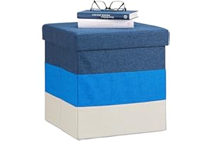 Relaxdays Pouf Imbottito con Contenitore, a Strisce, Colorato, Pieghevole, HxLxP: 38 x 38 x 38 cm, Bianco-Blu