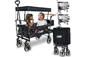 ‎LAWA LIVING AND LIFESTYLE klapp Bollerwagen für Kinder Regenschutz - Insektenschutz gefedert 306° schwenkbare Räder Bremse, verlängerbar, trägt 80kg, SCHWARZ Handwagen mit Dach Transportwagen zum Schieben und Ziehen
