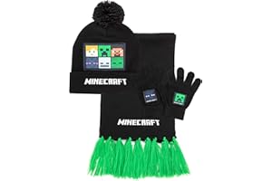 MINECRAFT Bambini Bobble Cappello Guanti Sciarpa Set Maglia Bianco Nero One Size