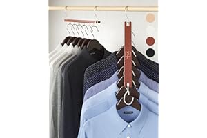 MORALVE Space Saving Hangers for Wardrobe – 4 Pack European Beechwood 6-Tier Shirt Organiser with 360° Swivel Hook – Collapsible Clothes Hanger for Wardrobe Organisation (Hangers Not Included)