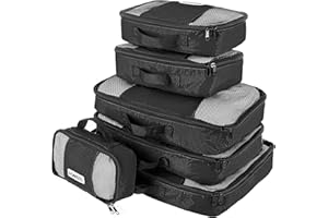 Savisto Packing Cubes 6 Piece Set, Durable & Lightweight Travel Essentials For Suitcases - Includes 1 XL, 2 L, 2 M, 1 S - Available in 8 Stylish Colours - Black