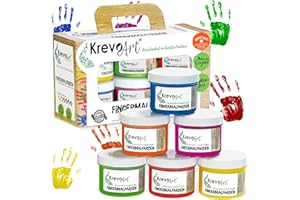 Krevo Art Peinture au doigt pour enfants, 6 couleurs brillantes et opaques de 60 ml chacune, lavable, peut être peinte avec un pinceau, une éponge, des doigts et des pieds