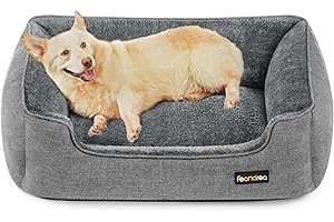 Feandrea PGW11GG Legowisko dla Psa, Poduszka z Imitacji Lnu, Kosz, Podwyższone Krawędzie, Antypoślizgowy Spód, Zdejmowana Poszewka, L, 90 x 75 x 25 cm, Jasnoszary