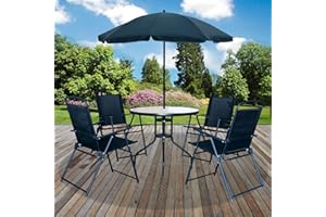 marko Outdoor Madrid 6PC Garden Patio Furniture Set Outdoor Black 4 Seater Large Round Table Parasol