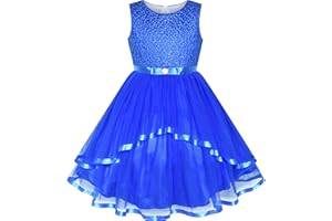 Sunny Fashion Vestito Bambina Fiore Blu con Cintura Nozze Festa Damigella d'Onore 4-12 Anni