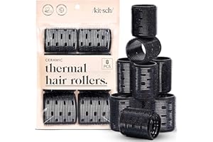 Kitsch Ceramic Thermal Hair Rollers Set 8pcs - Hair Curlers Rollers for Perfect Curls, Hot Rollers kit for long hair, Hair rollers for long hair, Hair Curler & Hair Roller, Ceramic Coated Core, Black