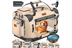 Lovpet® Transportín para perros, plegable, incluye cuenco para alimento, tamaño XXL: 91,4 x 63,5 x 63,5 cm, caja de transporte para mascotas, perros y gatos, beis