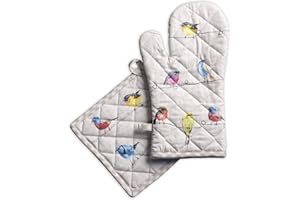 Maison d' Hermine Birdies on Wire Zestaw rękawic (19 cm x 33 cm) i uchwyty (20 cm x 20 cm), 100% bawełna, do grillowania, gotowania, piekarnika, kuchenki mikrofalowej, grillowania, wiosny/lato,