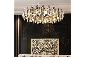 TTNAO Kristall Kronleuchter Luxus Gold Pendelleuchte Schön Grauer funkelnder Kristall Blätter Modern Pendelleuchten für Kücheninsel Wohnzimmer Esszimmer Schlafzimmer Lampe,12-Flammig(Runden)