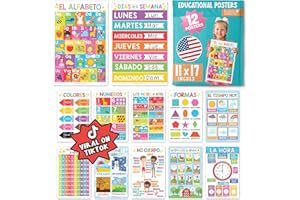 Hadley Designs 12 spanische Lernposter, zweisprachige Lerntabelle für Kinder, Kindergarten- und 1. Klasse, Klassenzimmer-Dekorationen, Alphabet, Farben, Zahlen, Monate des Jahres, Wochentage