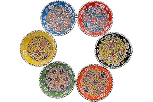 David Rossi 6 Pcs%100 Hand Painted Daisy Shaped Cute Turkish Snack Bowls - 9.5cm/3.7" - 77ml/2.7 oz - Decorative Ottoman Tulips Design Multi-Purpose Ceramic Bowl Set - Best Gift Set (Round)