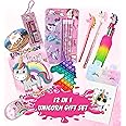 INDIKONB 12 in 1 Unicorn Gifts for Girls | Unicorn Theme Birthday gift for kids Age 6-8 years, 10-12 year old | Unicorn Small Diary, Stationery Set, Pop It, Eye Mask, Feather Pouch - U4