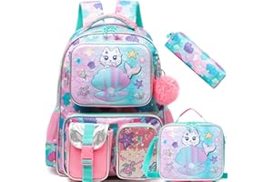 HTgroce Plecaki szkolne dla dziewczynek, plecak podstawowy, plecak szkolny dla dziewcząt, plecak szkolny, dla dziewcząt, w tym worek na lunch i walizkę., Zielony kot