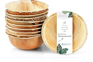 ‎WISEFOOD Wiseware Palmblatt Schale - 50 Stück Einweg-Schüssel rund Ø 15 cm 425ml - biologisch abbaubares Palmblattgeschirr - kompostierbares Partygeschirr - Bio Einweggeschirr