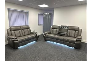 GENERIC Savilla Leather Electric Recliners Sofa With Cupholders – 3+2 Seater Sofa Set – Electric Recliners – LED Lights – Wireless Charging – USB Charging & USB C Charging (Grey, 3+2 Seater)