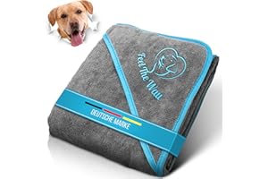 FeelTheWau Hundehandtuch große Hunde - Hundehandtuch Extra saugfähig - Für Waschmaschine und Trockner - Hunde Handtuch mit Taschen - Beliebtes Geschenk Hund - Design grau türkis - 130x75cm