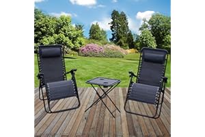 marko Furniture Grey Zero Gravity Textoline Sun Lounger Set Steel Frame Reclining Chairs Table Garden