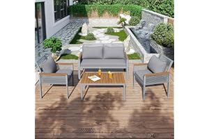 Gelukueub Zestaw mebli ogrodowych z wygodną poduszką, podwójna sofa, 2 fotele i stół, do użytku na zewnątrz, rattan, stół i krzesła (kolor szary)