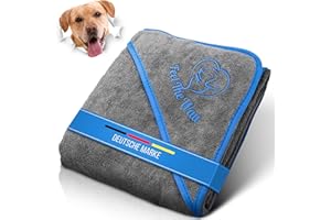 FeelTheWau Hundehandtuch große Hunde - Hundehandtuch Extra saugfähig - Für Waschmaschine und Trockner - Hunde Handtuch mit Taschen - Beliebtes Geschenk Hund - Design grau blau - 130x75cm